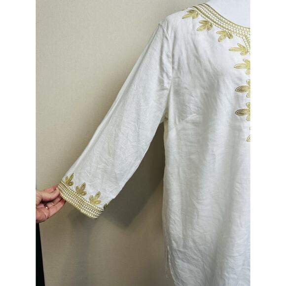 Chelsea & Theodore Size Large Tunic 100% Linen White & Gold Embroidered Casual - Picture 4 of 12